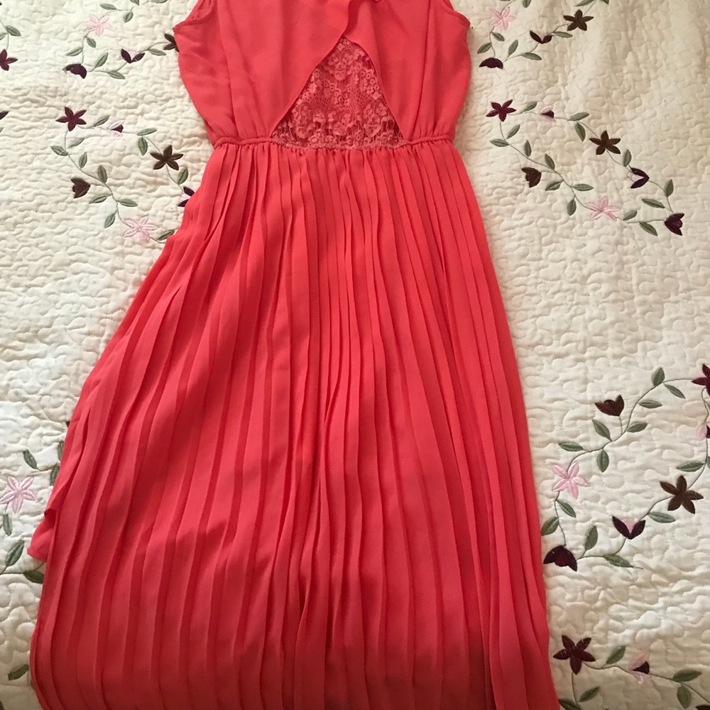 Bright peachy floral sleeveless high low dress